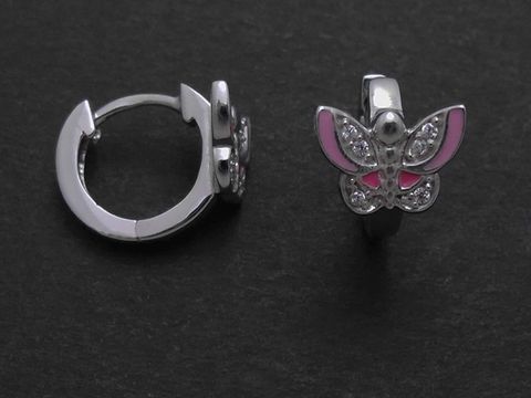 Silber Ohrringe Creolen rhodiniert mit rosa-pink-weißem Schmetterling aus Zirkonia und Lack, Hersteller Juwelier Harnisch, ideal für Kinder.