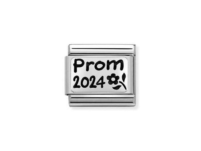 Sterling Silber und Edelstahl Charm mit der Aufschrift Prom 2024 und einer floralem Design, hergestellt von Nomination, Modell 330109 63 Classic. Ideal zur Erinnerung an den Abschlussball.