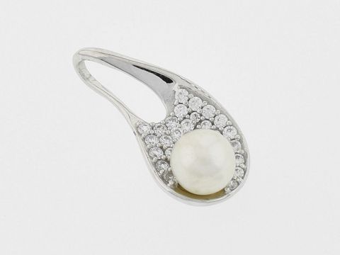 Perle auf Blatt Silber Anhänger rhod mit Süßwasser Zuchtperle und Zirkonia, Hersteller Juwelier Harnisch, elegantes Schmuckstück mit glänzendem Design.
