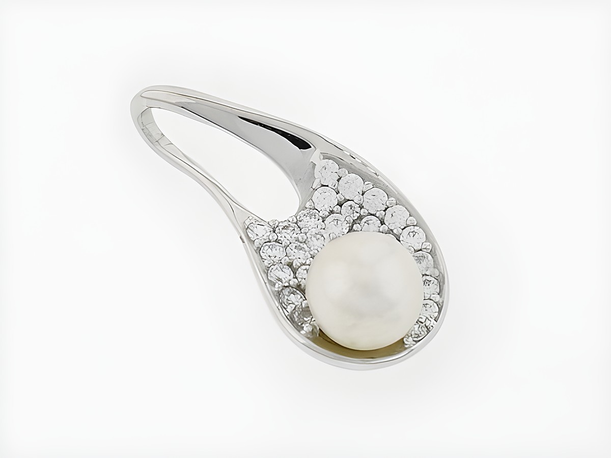 Perle auf Blatt Silber Anhänger rhod mit Süßwasser Zuchtperle und Zirkonia, Hersteller Juwelier Harnisch, elegantes Schmuckstück mit glänzendem Design.
