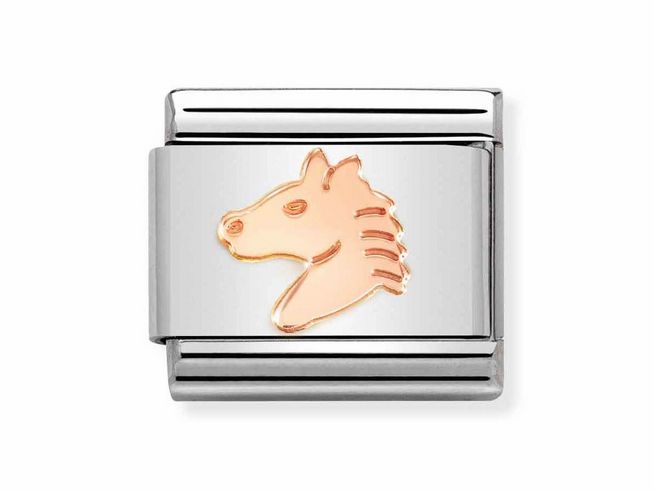 Edelstahlarmband mit einem Roségold Pferdekopf-Symbol, elegant und zeitlos, geeignet für die Nomination Classic Kollektion. Perfekt für Pferdeliebhaber und stilbewusste Träger.