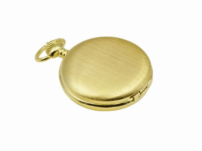 Eichmüller Taschenuhr aus Edelstahl mit Deckel in vergoldeter, teilmattierter Optik, Mineralglas, Durchmesser 6,5 cm, Hersteller Juwelier Harnisch.