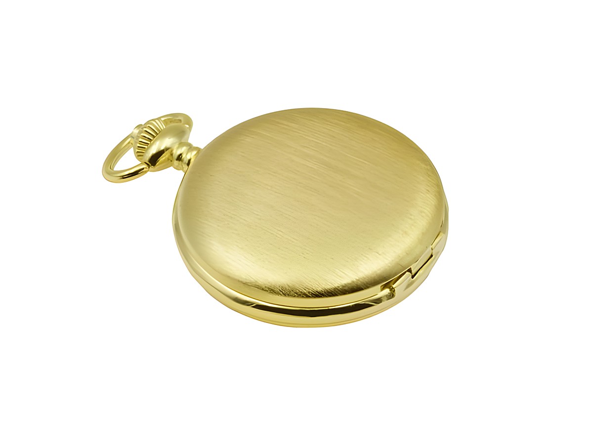 Eichmüller Taschenuhr aus Edelstahl mit Deckel in vergoldeter, teilmattierter Optik, Mineralglas, Durchmesser 6,5 cm, Hersteller Juwelier Harnisch. – Ansicht 2