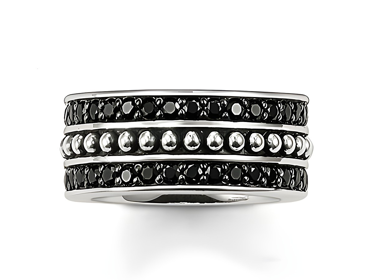 Thomas Sabo Ring in Silber mit Zirkonia in Größe 54, verziert mit schwarzen und klaren Zirkonia, modernes Design mit mehreren Reihen für einen eleganten Look.
