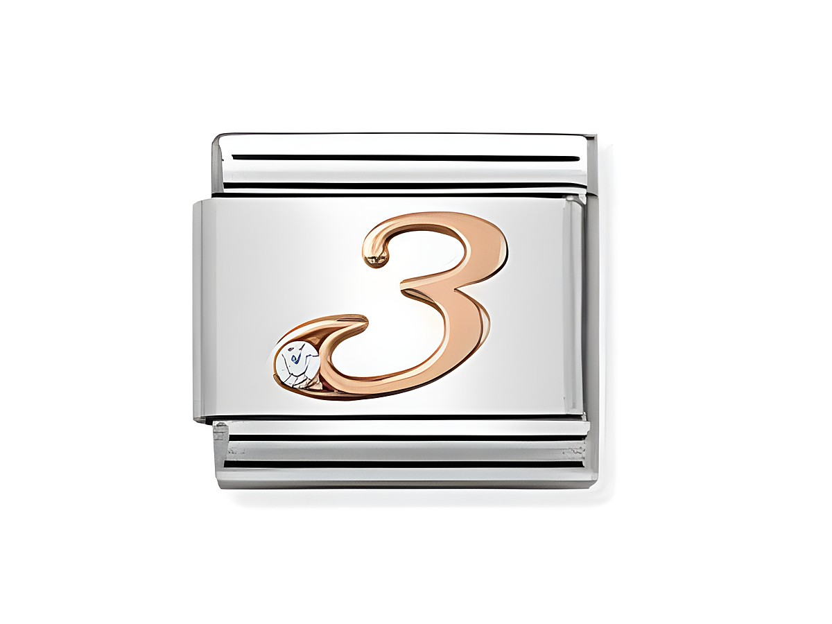 Zahlen Charm von Nomination in der Ausführung 430315 03 mit der Nummer drei in roségold und einem kleinen Zirkonia auf einer silbernen Basis, ideal für persönliche Schmuckstücke.