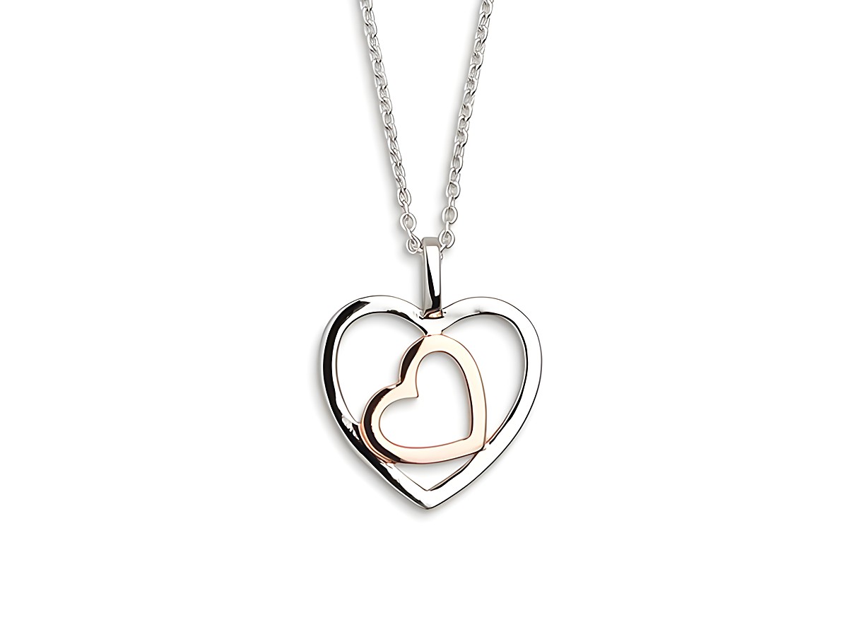 Xenox Sterling Silber Kette XS2774R mit einer Ankerkette von 40 bis 45 cm, verziert mit einem Roségold Herzen, das in ein größeres Herz eingefasst ist, ideal für Liebesgeschichten.