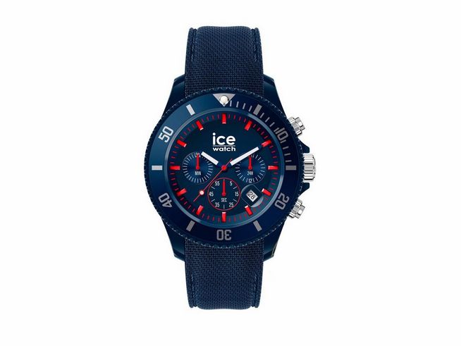 Ice Watch ICE chrono Dark blue Red Large 020622 Blau zeigt eine moderne Armbanduhr mit einem dunkelblauen Ziffernblatt und roten Akzenten, einem robusten Gehäuse und einem strapazierfähigen Armband.