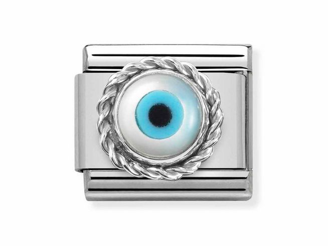 433050618-0 Steling Silber Classic Edelstahl Edelstein bunt von Nomination zeigt ein elegantes Charm mit einem trendigen Augenmotiv eingerahmt von einem geflochtenen Silberrand.