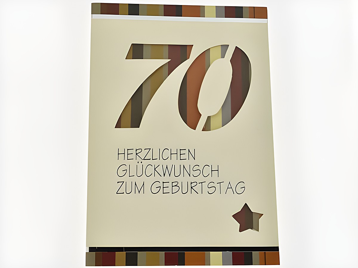 Geburtstagskarte mit der Zahl siebzig in bräunlich-beigen Farben, Hersteller Juwelier Harnisch, bedruckt mit herzlichen Glückwünschen zum Geburtstag.