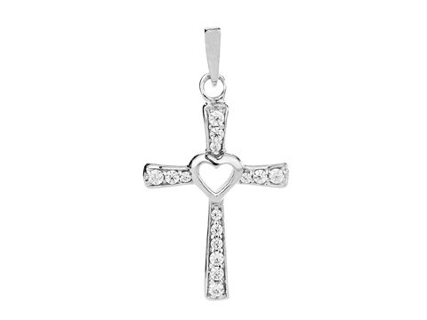 Kreuz Anhänger mit Zirkonia in Weiß, edel und aus Silber, rhodiniert, Hersteller Juwelier Harnisch, mit Herzstein in der Mitte, glänzendes und modernes Design.