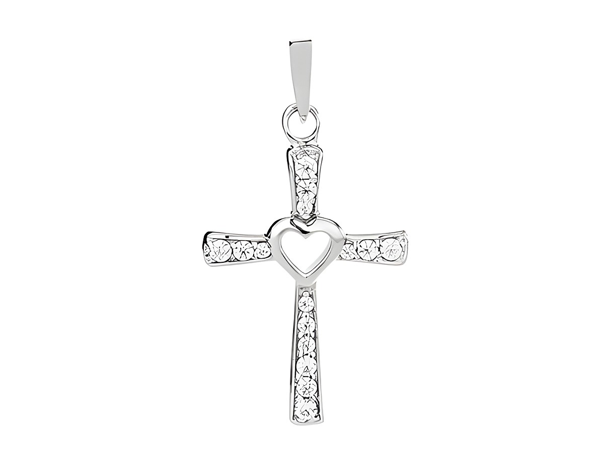Kreuz Anhänger mit Zirkonia in Weiß, edel und aus Silber, rhodiniert, Hersteller Juwelier Harnisch, mit Herzstein in der Mitte, glänzendes und modernes Design.