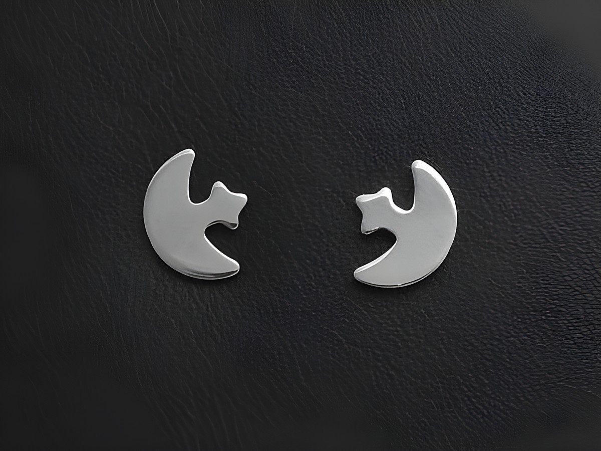 Edelstahl Ohrringe in Form eines Mondes mit einem Stern als Ohrstecker, gefertigt von Juwelier Harnisch, glänzende Oberfläche, modernes Design, ideal für jeden Anlass.