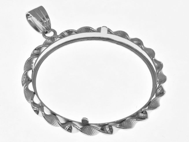 Münzfassungsanhänger aus rhodiniertem 925 Sterling Silber mit einer maximalen Münzengröße von 34 mm, designed von Juwelier Harnisch, ideal für Münzen bis 3,5 cm.