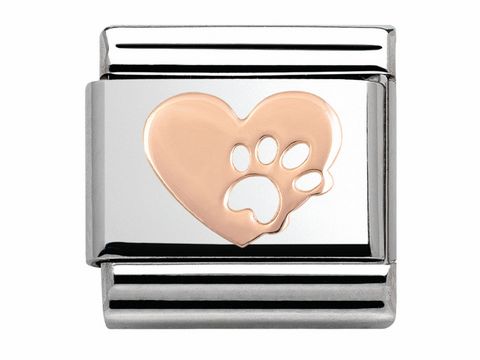 Roségoldenes Herz mit Pfotenabdruck auf silbernem Untergrund, elegantes Design der Marke Nomination, ideal für Ausdruck von Tierliebe und Persönlichkeit.