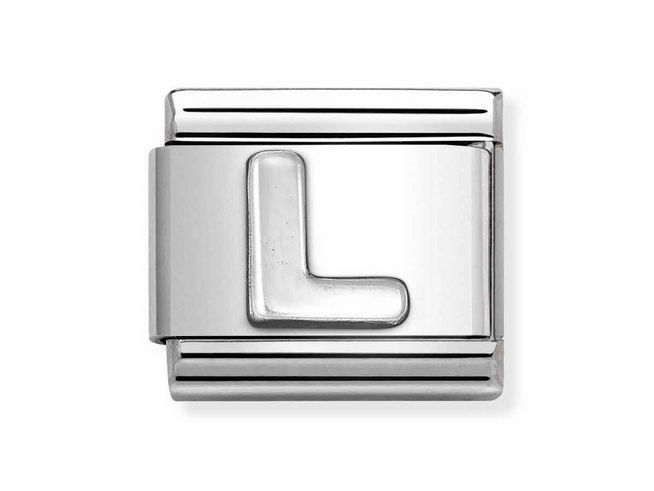 Edelstahl Buchstabe L von Nomination im Classic Design, silber oxidiert, passend für individuelle Armreifen. Elegantes Schmuckstück für modische Akzente.