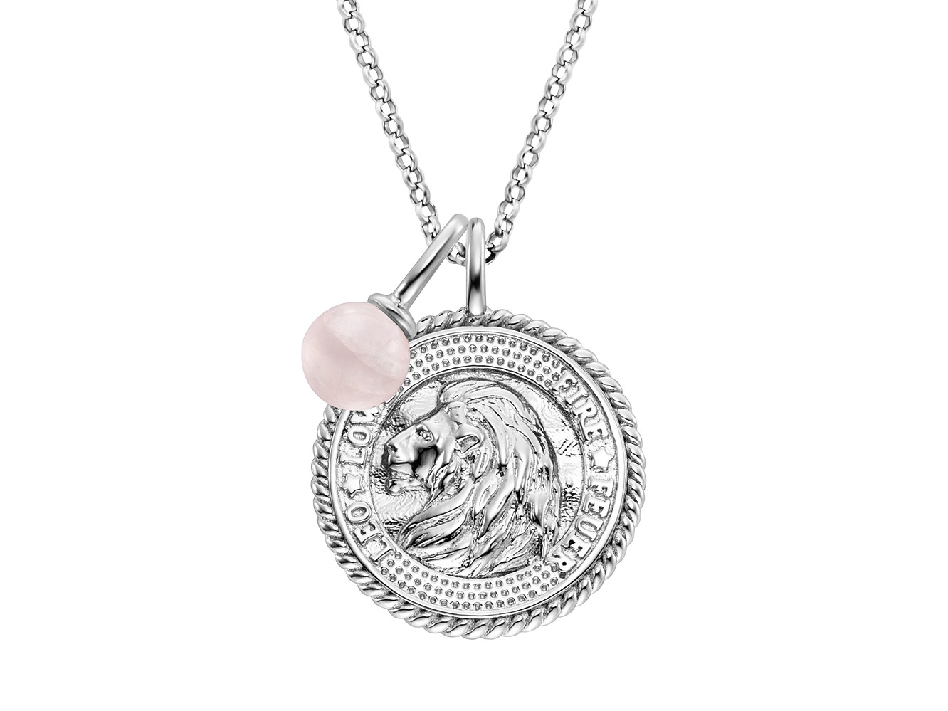 Kette mit silbernem Anhänger in Form eines Löwenkopfes, umgeben von einer dekorativen Kante und einem kleinen Rosenquarz, an einer feinen Gliederkette.