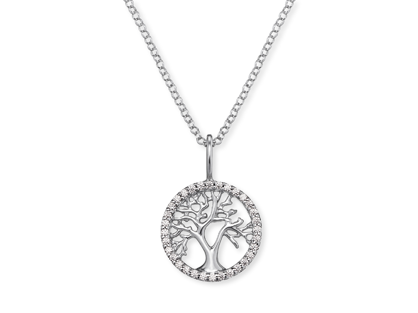 Die Engelsrufer Kette in Silber mit rhodiniertem Finish und einem Anhänger in Form eines Lebensbaums, verziert mit Zirkonia, hat eine Länge von 40 cm und einen Durchmesser von 13,5 mm.