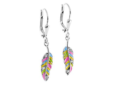 Feder Ohrhänger kunstvoll Lack bunt Silber rhodiniert mit Stein von Juwelier Harnisch, farbenfrohes Design für stilvolle Akzente.