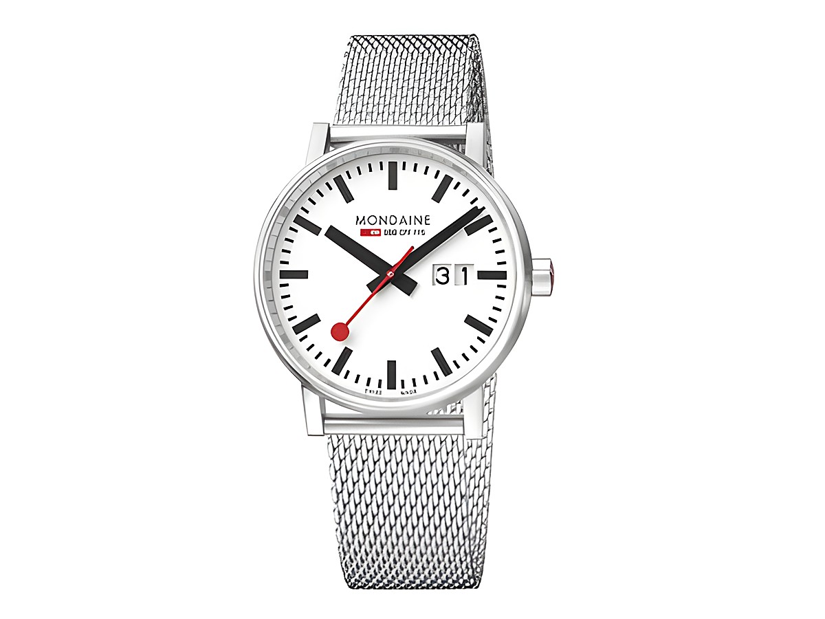 Herren Armbanduhr Mondaine SBB evo2 40 mm mit Saphirglas, Big Date und Milanaise-Armband, minimalistisches Design in Schwarz und Weiß, elegante Zeitmessung für jeden Anlass.