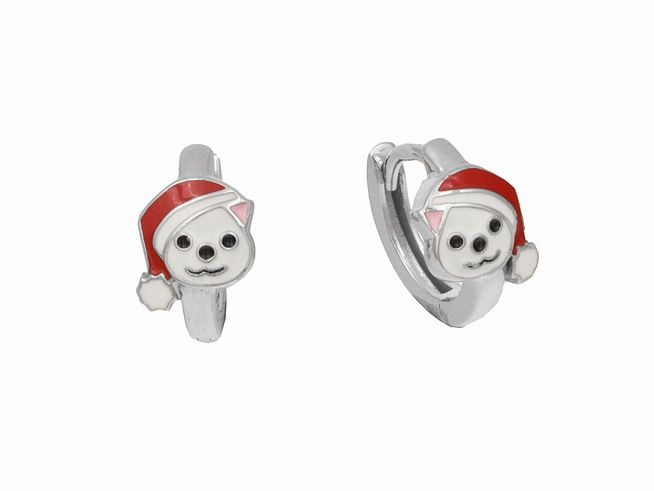 305209-0 Ohrringe Creolen Eisbär mit Mütze in 1,3 cm aus Sterling Silber poliert und rhodiniert, in Lack Weiß und Rot, Hersteller Juwelier Harnisch, geeignet für Kinder.