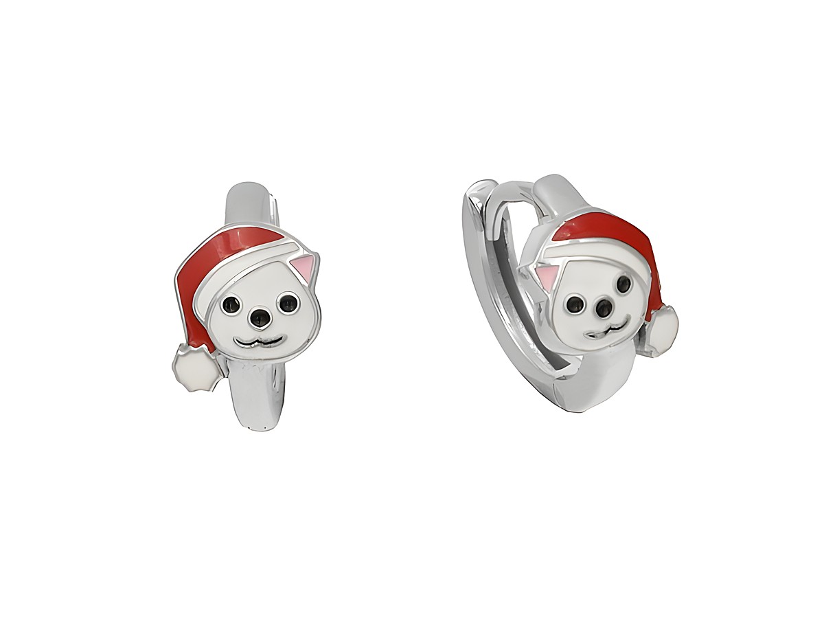 Ohrringe Creolen Eisbär mit Mütze in 1,3 cm aus Sterling Silber poliert und rhodiniert, in Lack Weiß und Rot, Hersteller Juwelier Harnisch, geeignet für Kinder.