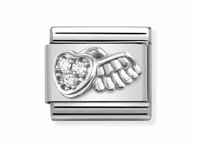 Silbernes Armbandglied von Nomination mit einem beflügelten Herzen aus Edelstahl und glitzernden Steinchen, elegantes Design für den persönlichen Schmuckstil.