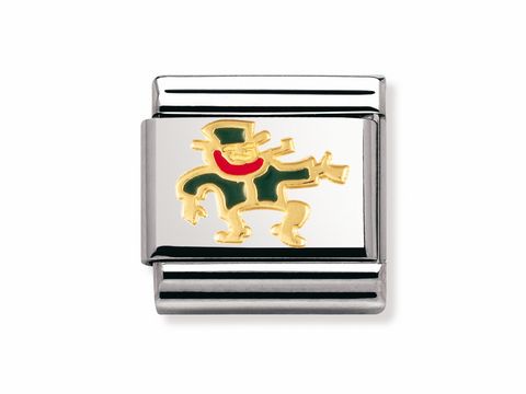 Tanzender irischer Kobold Leprechaun in gold und rot emailliert, auf einem silbernen Hintergrund, von Nomination, ideal für Fans von Märchen und irischer Kultur.