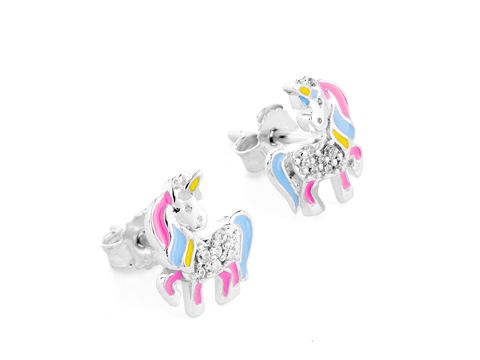 Einhorn Ohrstecker mit Zirkonia in Weiß, Lack in bunten Farben, aus Silber rhodiniert, ideal für Kinder und gefertigt von Juwelier Harnisch.