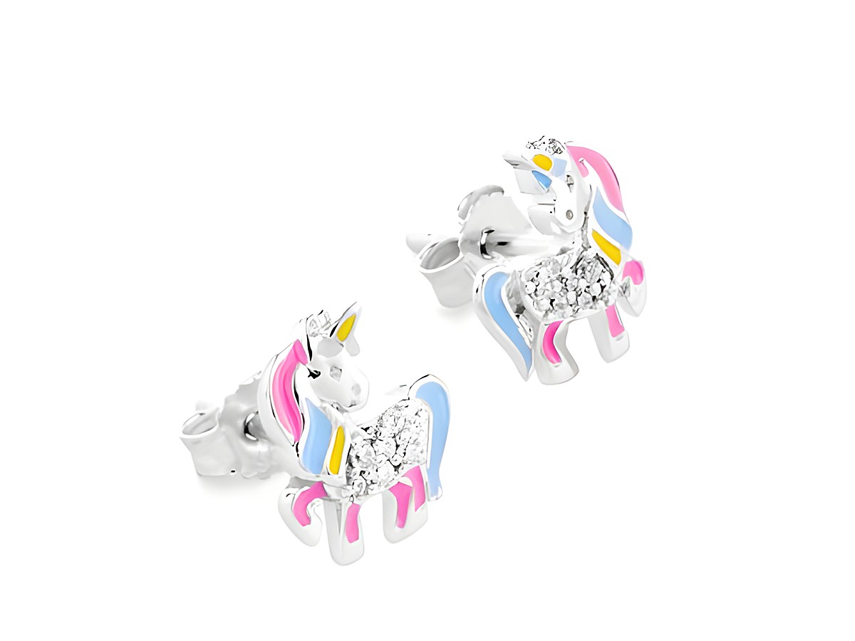 Einhorn Ohrstecker mit Zirkonia in Weiß, Lack in bunten Farben, aus Silber rhodiniert, ideal für Kinder und gefertigt von Juwelier Harnisch.