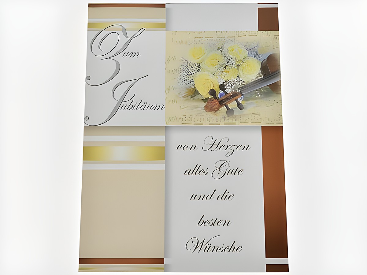 Eine Glückwunschkarte zum Jubiläum mit der Aufschrift von Herzen alles Gute und die besten Wünsche, verziert mit Notenblatt, Rosenstrauß und einer Geige, Hersteller Juwelier Harnisch.