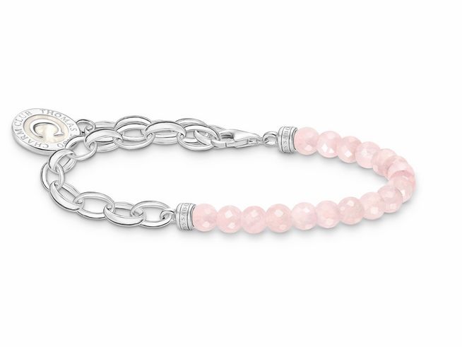 Thomas Sabo Armband A2128-067-9-L15v aus Silber mit Gliedern und rosa-pinkem Emaille sowie Rosenquarzperlen, längenverstellbar von 12 bis 15 cm, elegante Verzierung.
