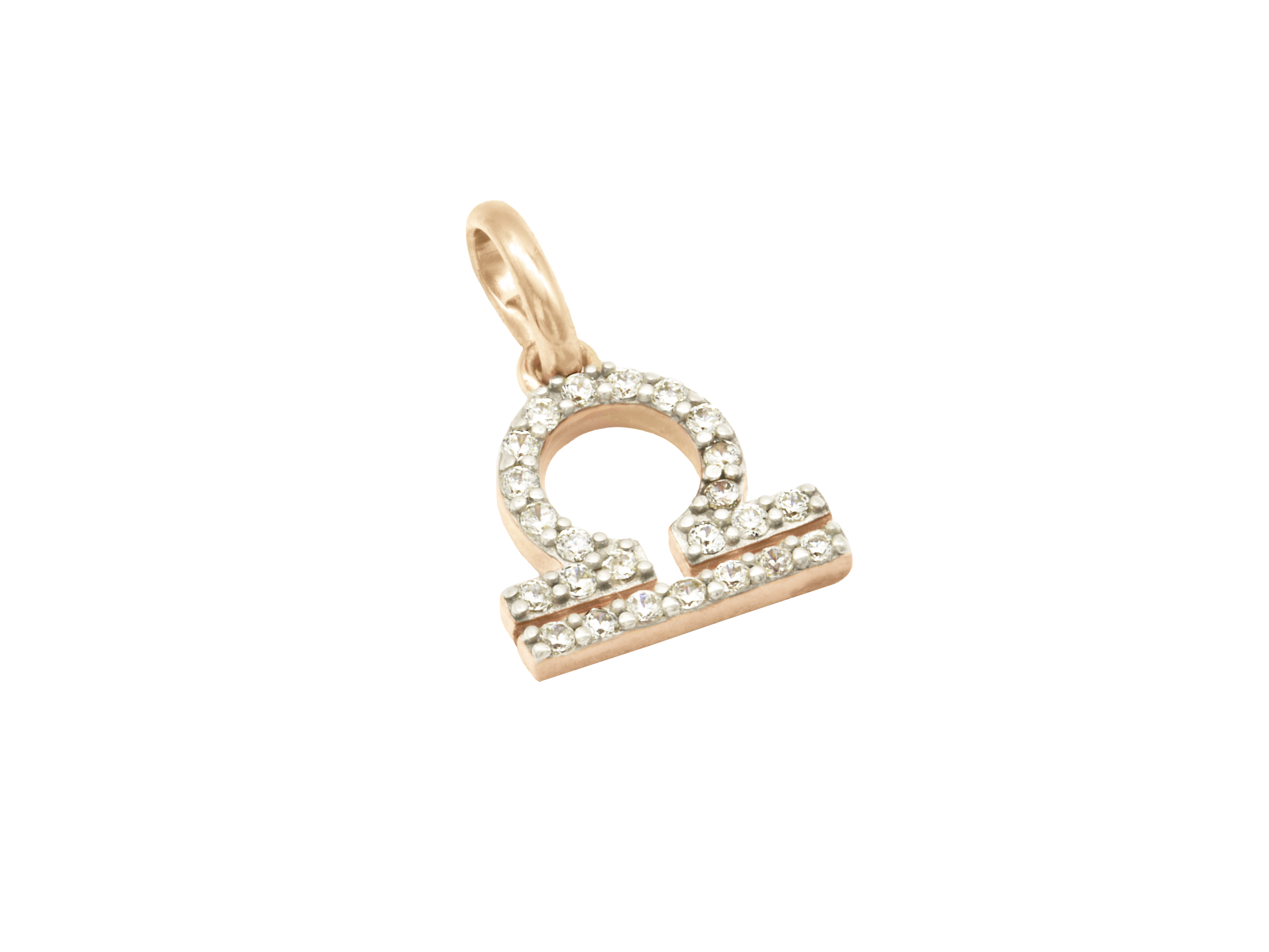 Anhänger mit dem Sternzeichen Waage aus Sterling Silber 925, vergoldet in Roségold, poliert und mit funkelnden Zirkonia besetzt, hergestellt von Juwelier Harnisch.
