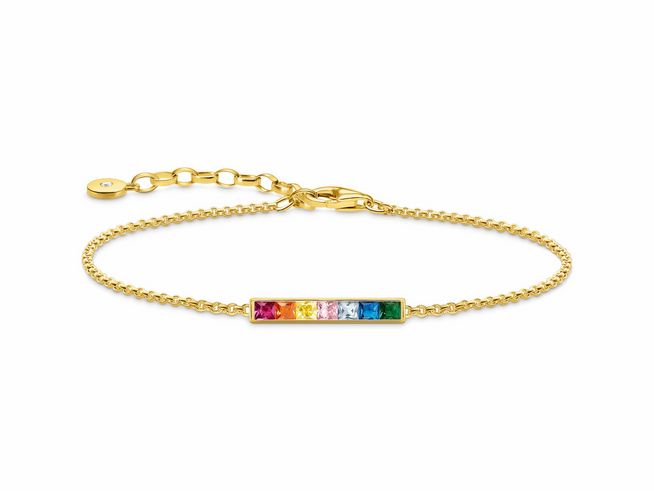 Das Armband aus sterling Silber mit vergoldeter Oberfläche und Zirkonia in Regenbogenfarben hat eine Länge von 23 cm und eine feine Gliederkette mit Karabinerverschluss.
