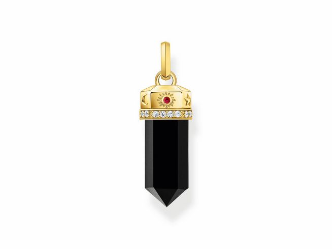 Thomas Sabo Anhänger PE955-177-11 aus Silber vergoldet mit einem schwarzen Onyx-Pendel und einer dekorativen goldenen Kappe, verziert mit kleinen Zirkonia-Steinen.