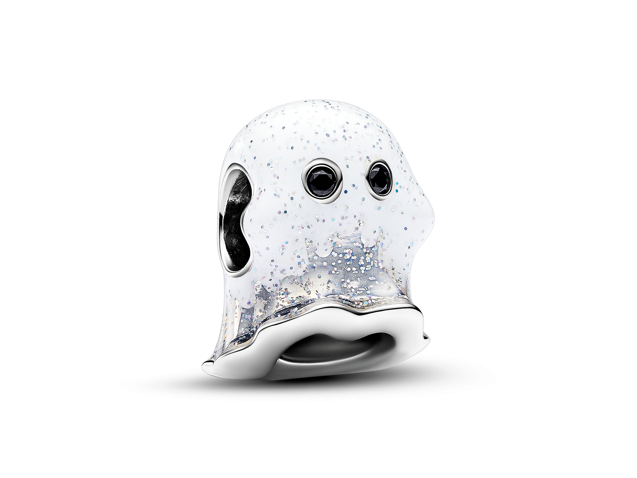 Pandora 793404C01 Boo Ghost Charm aus sterling Silber, leuchtet im Dunkeln, mit glitzerndem Kristall und farbigem Emaille, zeigt einen niedlichen Gespenster-Design.