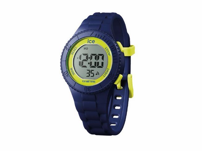 ICE digit Navy yellow Extra Small 021273 in blau mit neongelben Akzenten und digitaler Anzeige, ideal für Sport und Freizeit, bis 100 Meter wasserdicht.