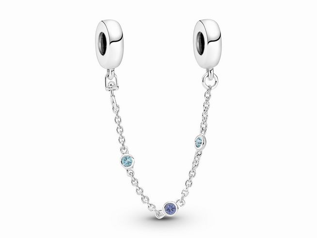 Drei blaue Steine Komfortkette aus Sterling Silber mit Crystal Blau, verbunden durch eine feine Kette, ideal für das sichere Aufbewahren von Charms und Anhängern.
