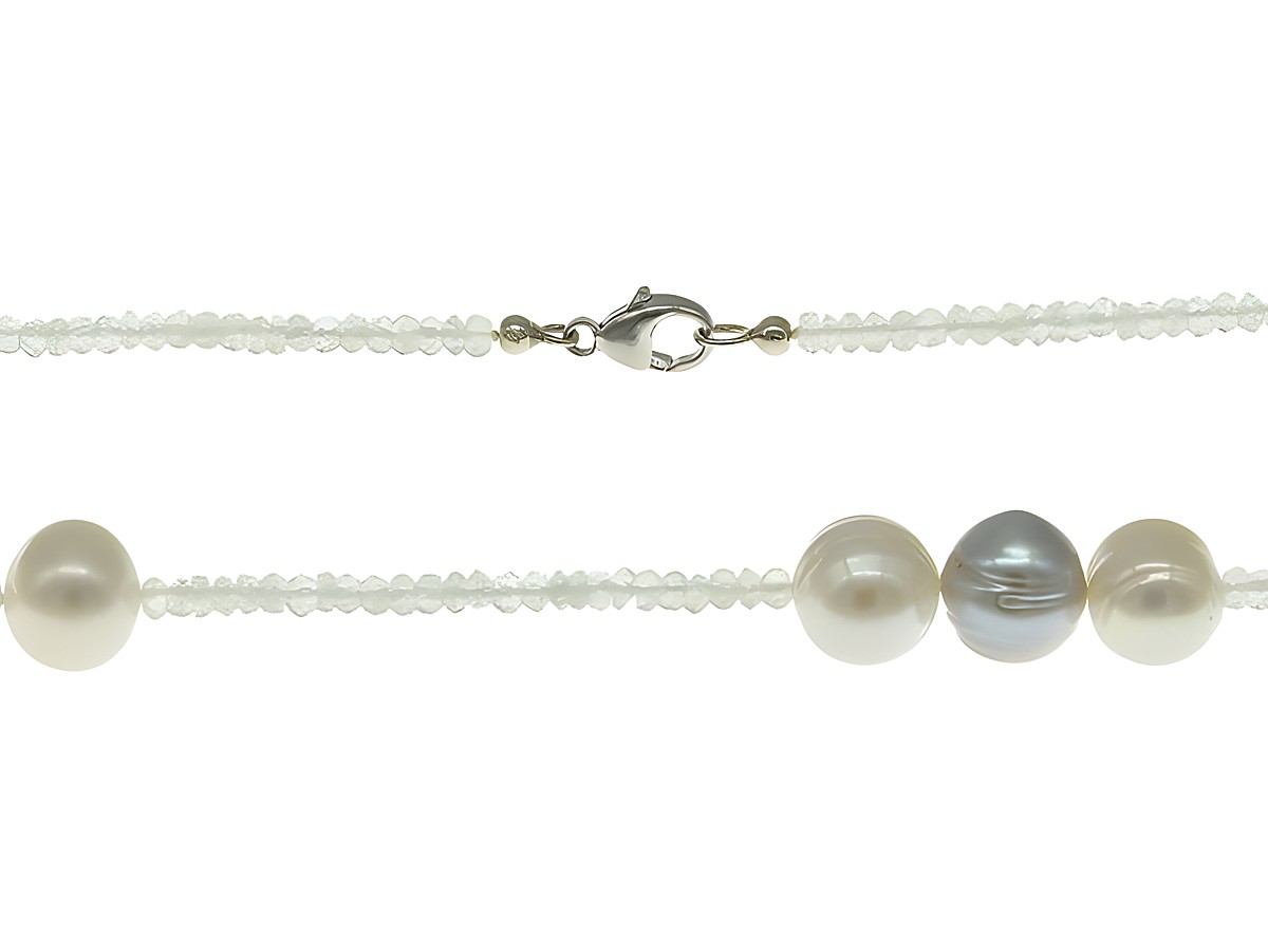 Steinkette aus Süßwasser-Zuchtperlen und Mondstein in Weiß und Grau, Länge 87 cm, verziert mit silbernem Verschluss, eignet sich ideal als elegantes Schmuckstück.