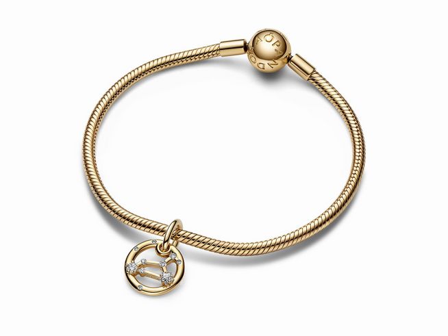 Charm-Anhänger mit Sternzeichen Löwe aus gelbgold vergoldetem Material, verziert mit Zirkonia, befestigt an einem flexiblen Armband mit schlichten Details.