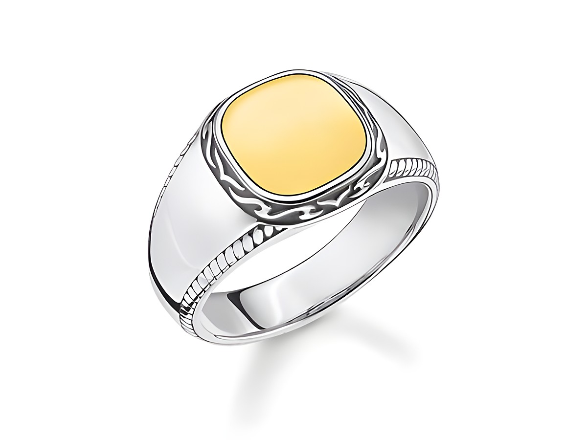 Eleganter Thomas Sabo Ring aus Silber und Gelbgold in Größe 58 mit einem gelben, quadratischen Stein und filigranen Details an der Seitenkante. Ideal für jeden Anlass.