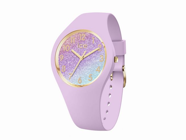 Ice Watch Uhr 022570 - ICE glitter Lilac cosmic - Small präsentiert sich mit einem lilafarbenen Armband und einem funkelnden Ziffernblatt in lila und blau mit goldenen Akzenten.