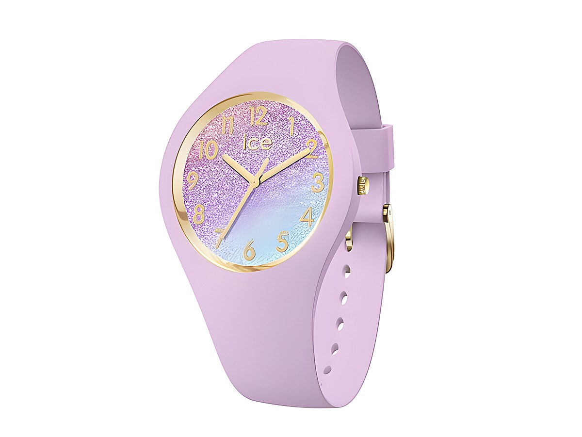 Ice Watch Uhr 022570 - ICE glitter Lilac cosmic - Small präsentiert sich mit einem lilafarbenen Armband und einem funkelnden Ziffernblatt in lila und blau mit goldenen Akzenten.