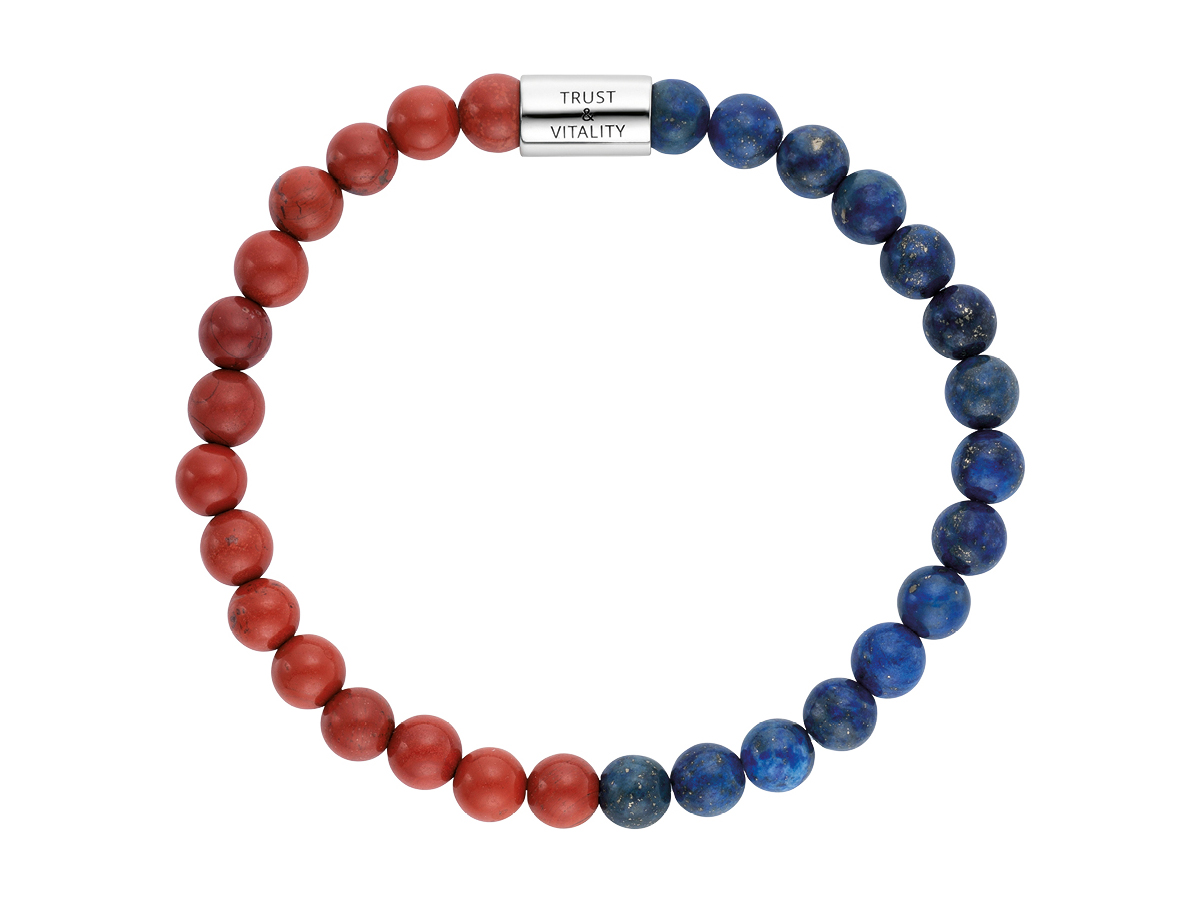 Engelsrufer HEAL Armband mit roten Jaspis und Lapislazuli Perlen, durch Silberelemente getrennt, inschrift TRUST und VITALITY, 18 cm lang, stilvolles Accessoire mit kraftspendender Wirkung.
