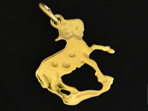 Ein plastisch flacher Anhänger aus Gold 333 in Form eines Widders, der das Sternzeichen darstellt. Hergestellt von Juwelier Harnisch. Ideal für Schmuckliebhaber und Sternzeichen-Fans.
