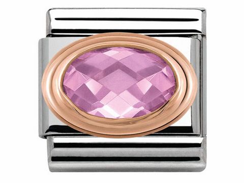 Zierschmuck aus Edelstahl und Roségold mit einem großen, facettierten rosa Zirkonia in ovaler Form, umgeben von einem schlichten Rahmen, ideal für einen eleganten Look.