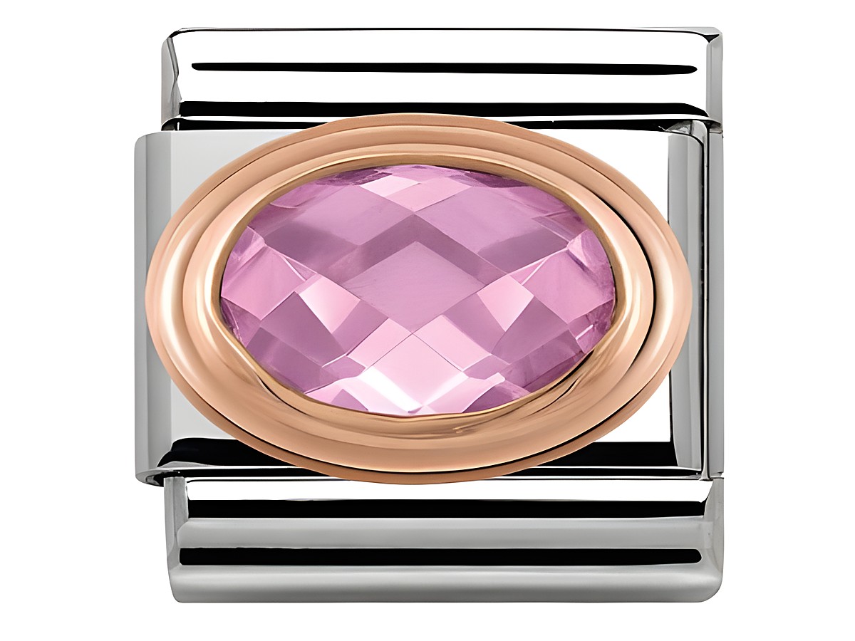 Zierschmuck aus Edelstahl und Roségold mit einem großen, facettierten rosa Zirkonia in ovaler Form, umgeben von einem schlichten Rahmen, ideal für einen eleganten Look.