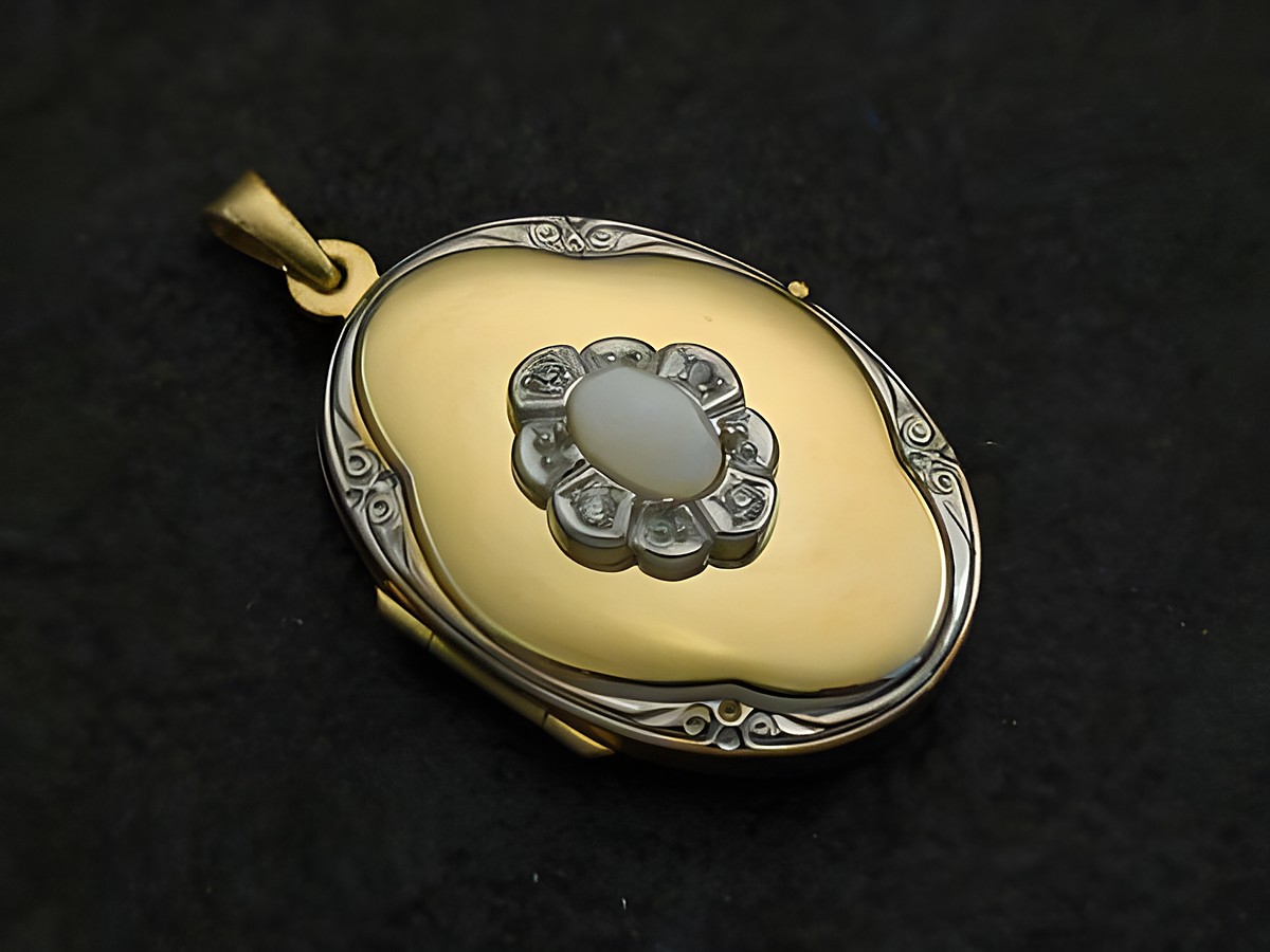 Ein opal weißer Medaillon Cabochon aus Gold 333 bicolor mit Brillanten, Hersteller Juwelier Harnisch, in Gelbgold 333 gestaltet, elegant und edel.