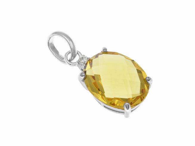 Ovaler Tropfen Anhänger aus rhodiniertem Sterling Silber mit einem großen, facettierten gelben Stein und weiteren dekorativen Steinen, hergestellt von Juwelier Harnisch.