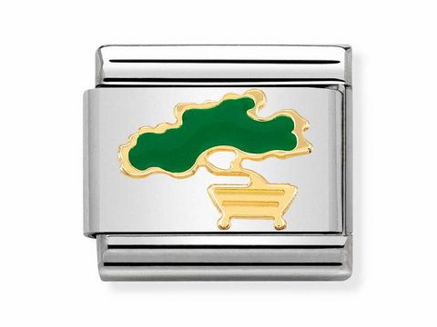 Bonsai Charm von Nomination aus Emaille und Gold, zeigt eine stilisierte Baumdarstellung in Grün auf einem silbernen Hintergrund, elegant und zeitlos für jeden Anlass.