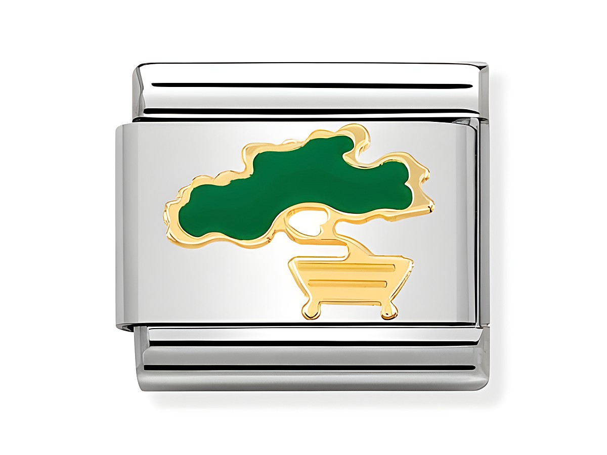 Bonsai Charm von Nomination aus Emaille und Gold, zeigt eine stilisierte Baumdarstellung in Grün auf einem silbernen Hintergrund, elegant und zeitlos für jeden Anlass.